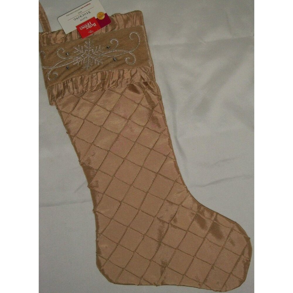 Beige Christmas Stocking With Snowflake Embroidery & Sequins